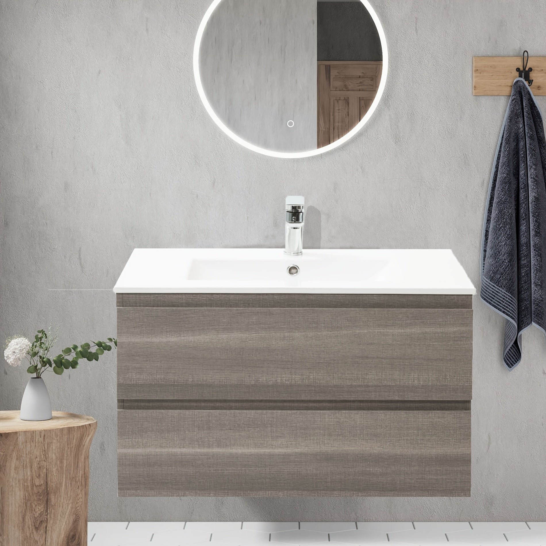 Bathroom Vanity Wall Mounted Floating Vanity Two Drawers Storage Cabinet With Ceramic Integrated Sink