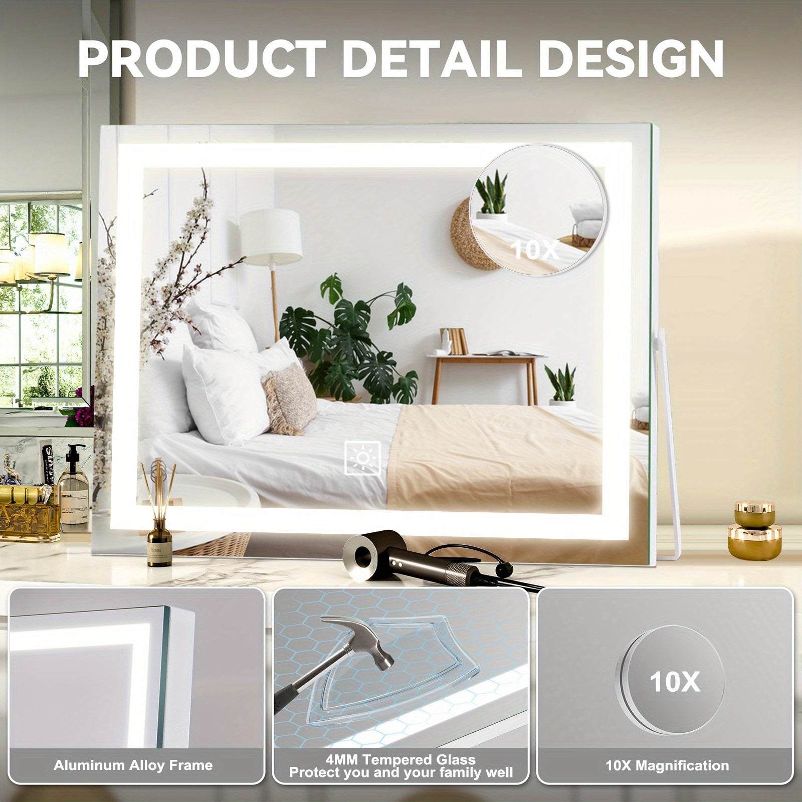 LED Lighted Makeup Mirror with Detachable 10X Magnification, Smart Touch Control, 3 Adjustable Lighting Modes, Stepless Dimming, 360° Rotation, Lighted Makeup Mirror for Home, Bathroom, Or Dressing Table, Perfect Gift for Birthday, Mom Gifts