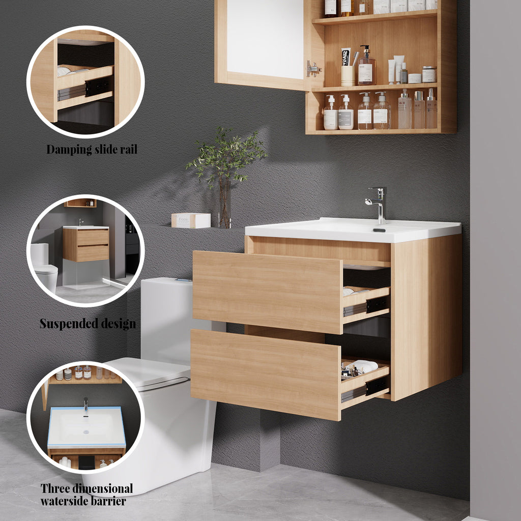 24 Inch Modern Floating Bathroom Vanity with Sink - Wall-Mounted Cabinet Suitable for Bath, Walnut Finish, Double Soft-Close Drawers, Large Storage Space, Fully Assembled (No Faucet), Space-Saving for Small Bathrooms