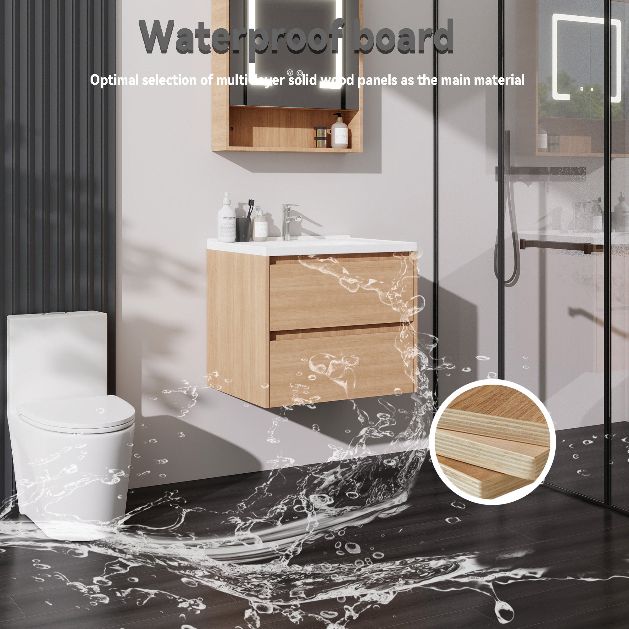24 Inch Floating Bathroom Vanity with Sink, Modern Wall Mounted Vanity Cabinet, Walnut End, Double Soft Close Drawers, Large Storage Space, Fully Assembled (No Faucet)