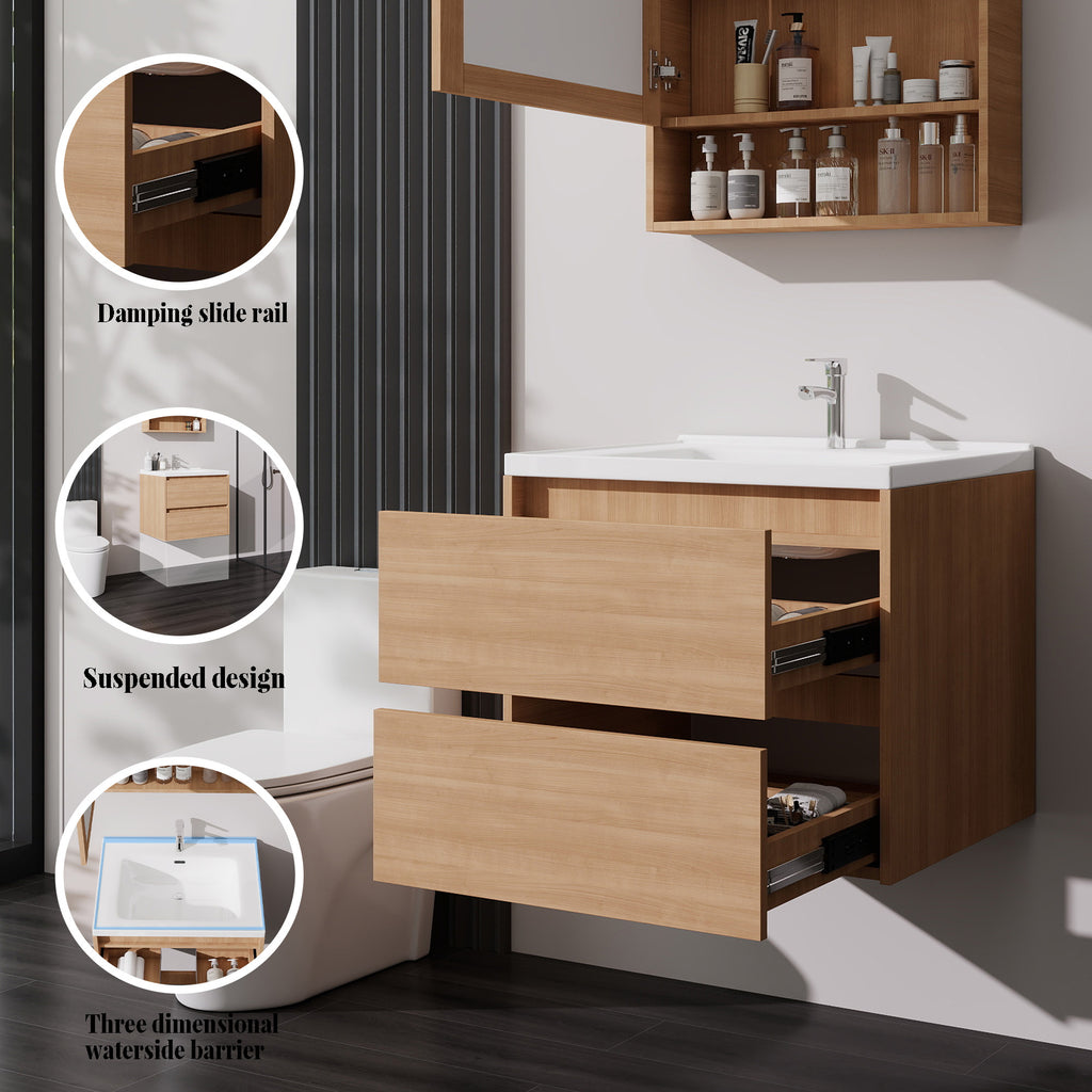 24 Inch Floating Bathroom Vanity with Sink, Modern Wall Mounted Vanity Cabinet, Walnut End, Double Soft Close Drawers, Large Storage Space, Fully Assembled (No Faucet)