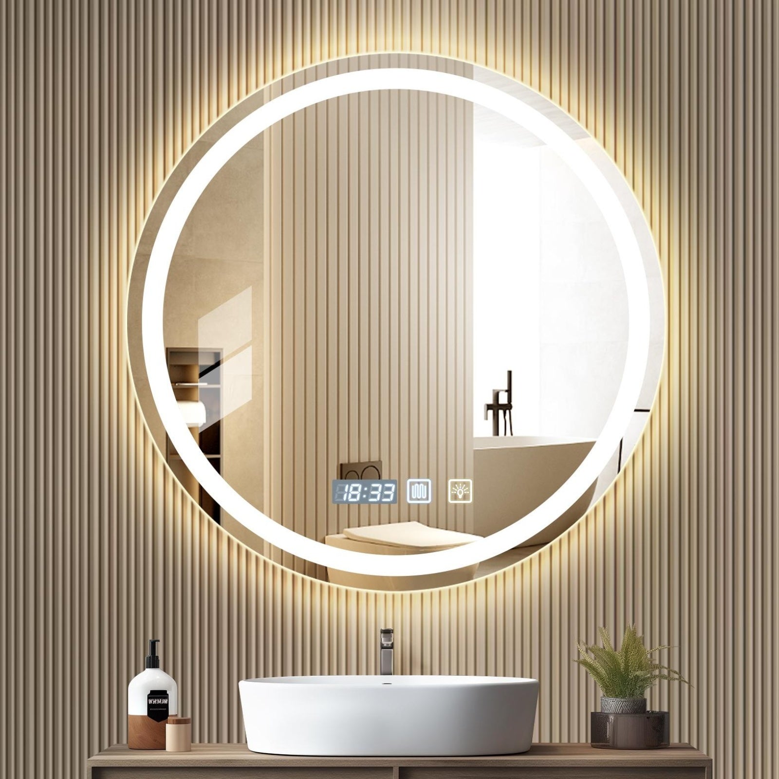 Single Layer\u002FDouble Layer 23.62X23.62In Round LED Bathroom Mirror, Front And Backlit Lighted Vanity Mirror, Anti-Fog Dimmable 3 Colors Wall Mounted LED Mirror for Bathroom, It Has a Time Display Function, Dimmable Touch Switch Control