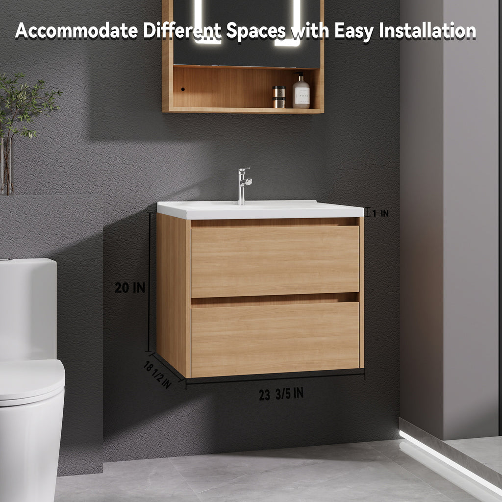 24 Inch Modern Floating Bathroom Vanity with Sink - Wall-Mounted Cabinet Suitable for Bath, Walnut Finish, Double Soft-Close Drawers, Large Storage Space, Fully Assembled (No Faucet), Space-Saving for Small Bathrooms