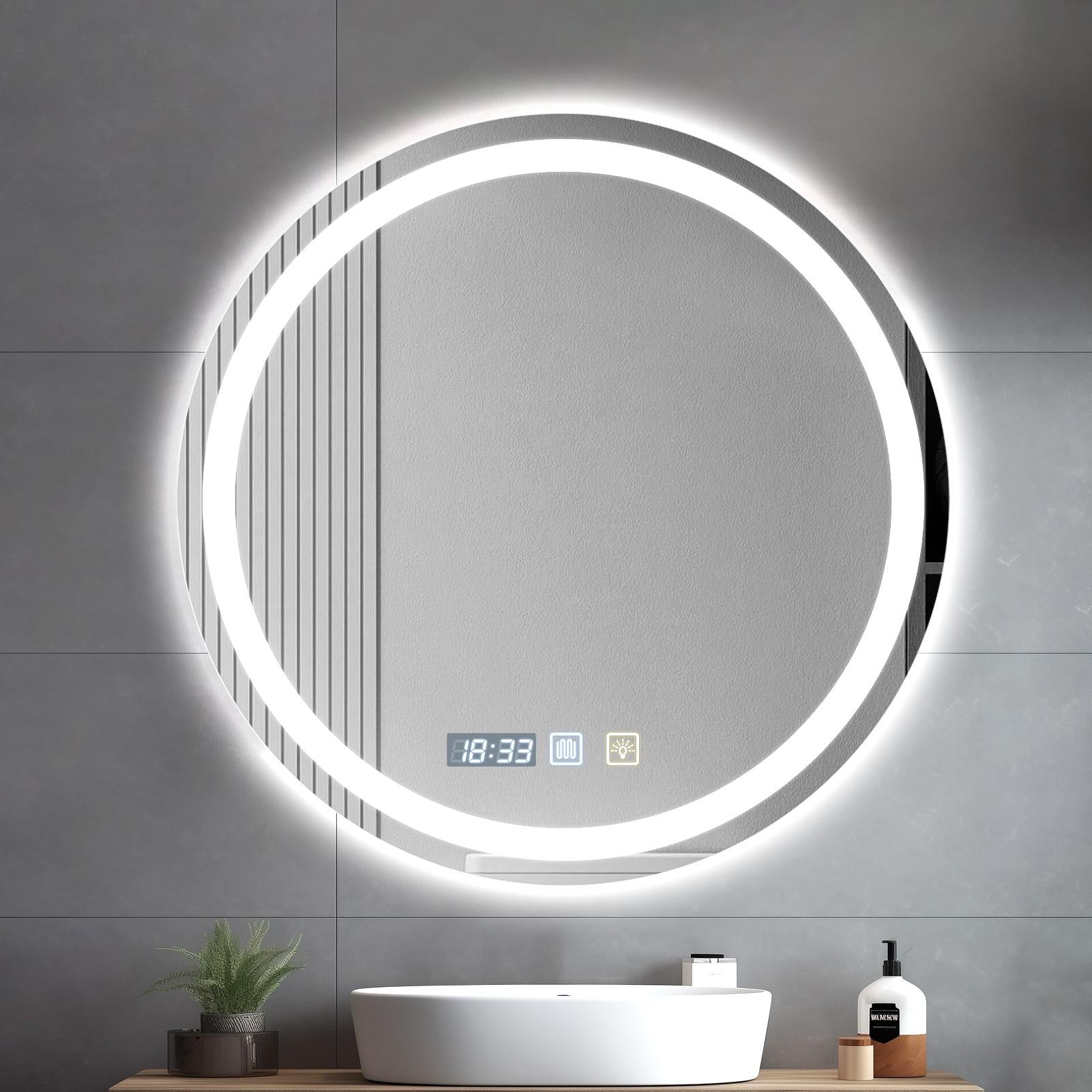 Single Layer\u002FDouble Layer 23.62X23.62In Round LED Bathroom Mirror, Front And Backlit Lighted Vanity Mirror, Anti-Fog Dimmable 3 Colors Wall Mounted LED Mirror for Bathroom, It Has a Time Display Function, Dimmable Touch Switch Control