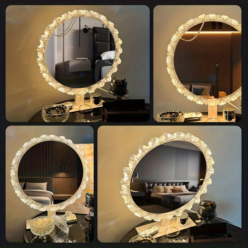 Desktop Mirror with Lighting, Round, Living Room Vanity Bathroom Makeup Mirror with 3-Color LED (3000K-4000K-6000K), Smart Touch Control, Dresser Wall Mirrors