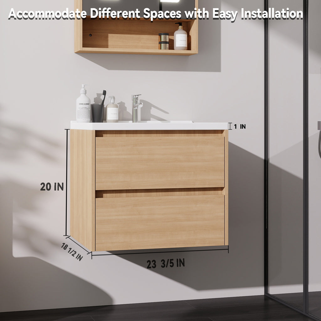 24 Inch Floating Bathroom Vanity with Sink, Modern Wall Mounted Vanity Cabinet, Walnut End, Double Soft Close Drawers, Large Storage Space, Fully Assembled (No Faucet)
