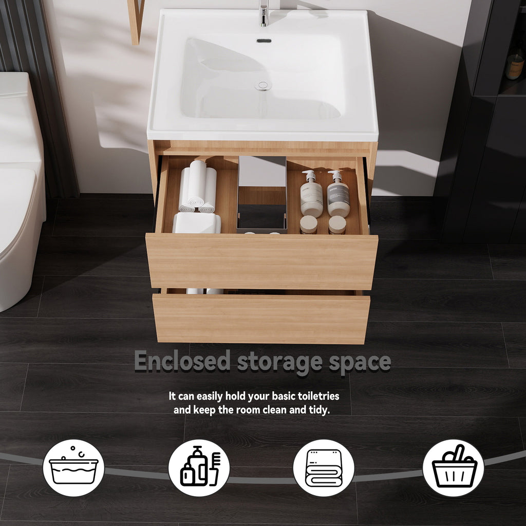 24 Inch Floating Bathroom Vanity with Sink, Modern Wall Mounted Vanity Cabinet, Walnut End, Double Soft Close Drawers, Large Storage Space, Fully Assembled (No Faucet)