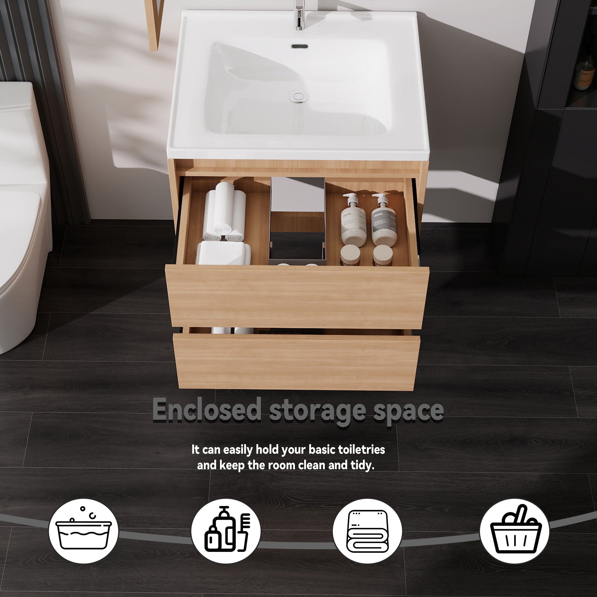 24 Inch Floating Bathroom Vanity with Sink, Modern Wall Mounted Vanity Cabinet, Walnut End, Double Soft Close Drawers, Large Storage Space, Fully Assembled (No Faucet)