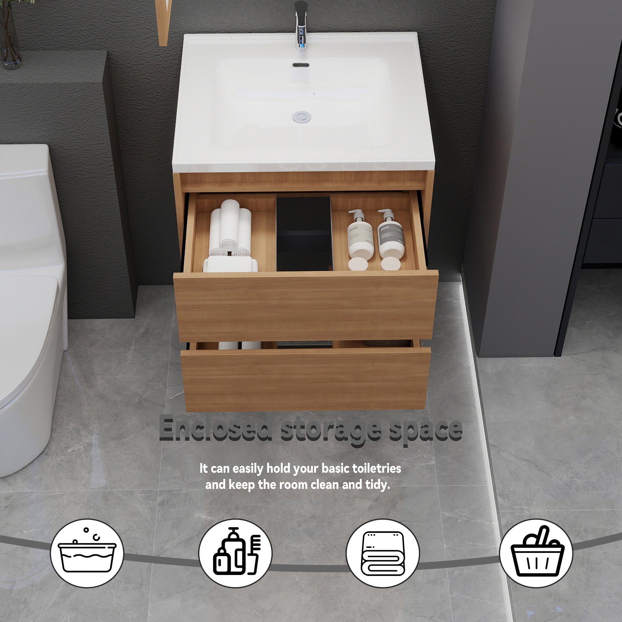 24 Inch Modern Floating Bathroom Vanity with Sink - Wall-Mounted Cabinet Suitable for Bath, Walnut Finish, Double Soft-Close Drawers, Large Storage Space, Fully Assembled (No Faucet), Space-Saving for Small Bathrooms