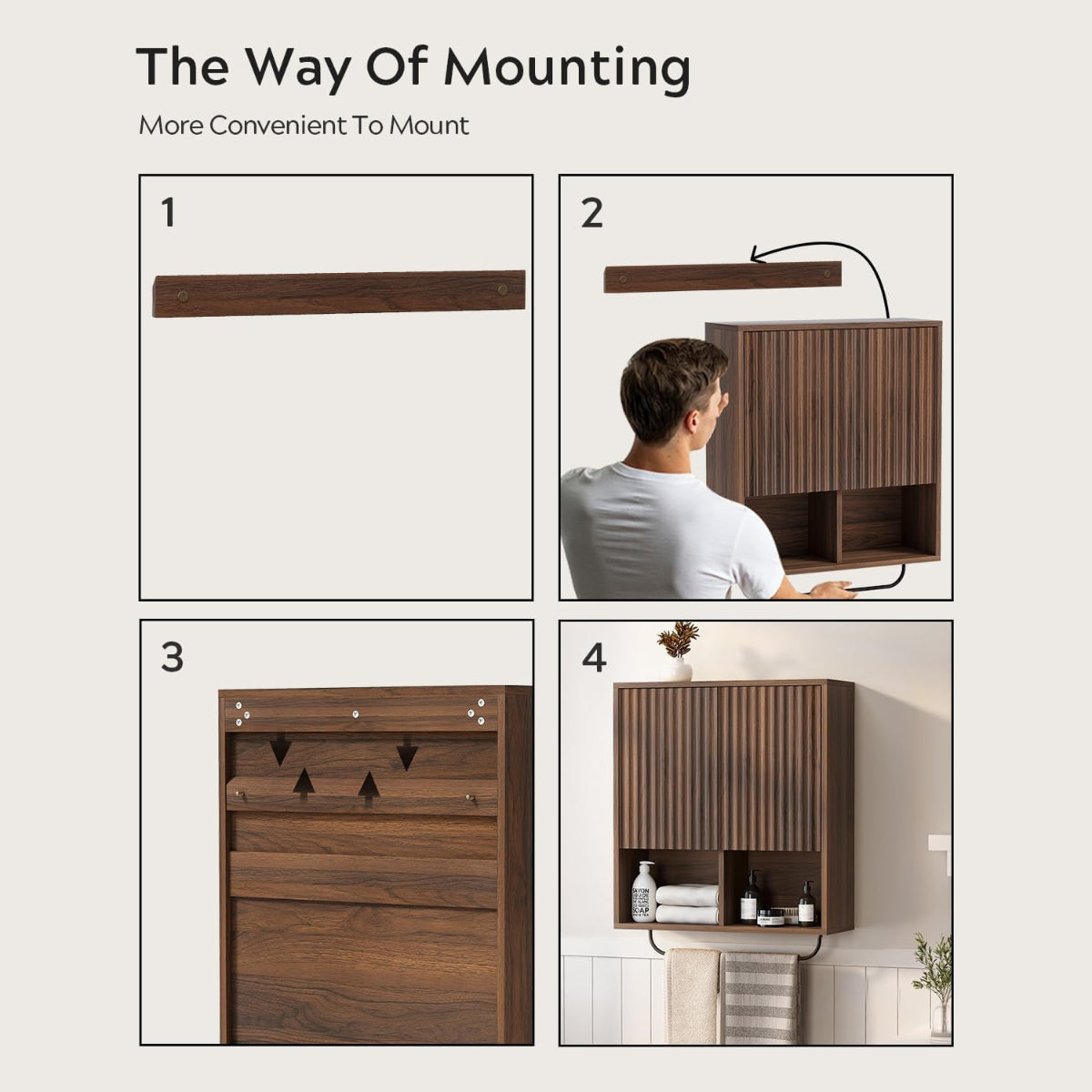 Large Modern Floating Wall Cabinet Suitable for Bathroom & Kitchen - Fluted Wood Medicine Storage with 2 Doors, Adjustable Shelf & Towel Bar, Space-Saving Wall-Mounted Medicine Cabinet for Laundry Room, Brown