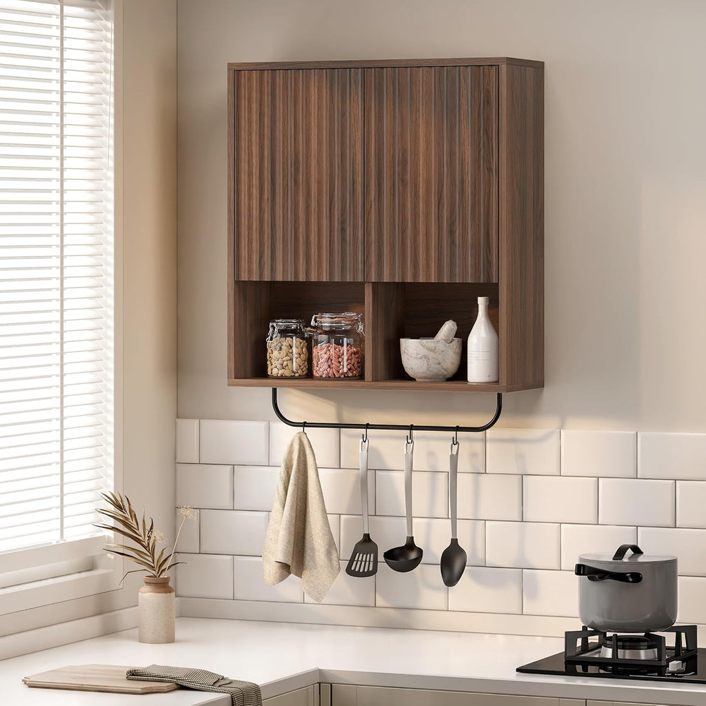 Large Modern Floating Wall Cabinet Suitable for Bathroom & Kitchen - Fluted Wood Medicine Storage with 2 Doors, Adjustable Shelf & Towel Bar, Space-Saving Wall-Mounted Medicine Cabinet for Laundry Room, Brown