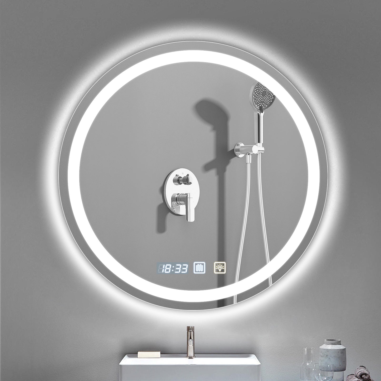 Single Layer\u002FDouble Layer 23.62X23.62In Round LED Bathroom Mirror, Front And Backlit Lighted Vanity Mirror, Anti-Fog Dimmable 3 Colors Wall Mounted LED Mirror for Bathroom, It Has a Time Display Function, Dimmable Touch Switch Control
