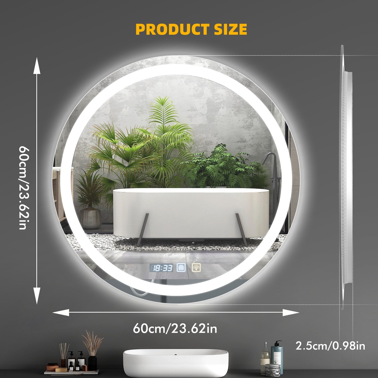 Single Layer\u002FDouble Layer 23.62X23.62In Round LED Bathroom Mirror, Front And Backlit Lighted Vanity Mirror, Anti-Fog Dimmable 3 Colors Wall Mounted LED Mirror for Bathroom, It Has a Time Display Function, Dimmable Touch Switch Control